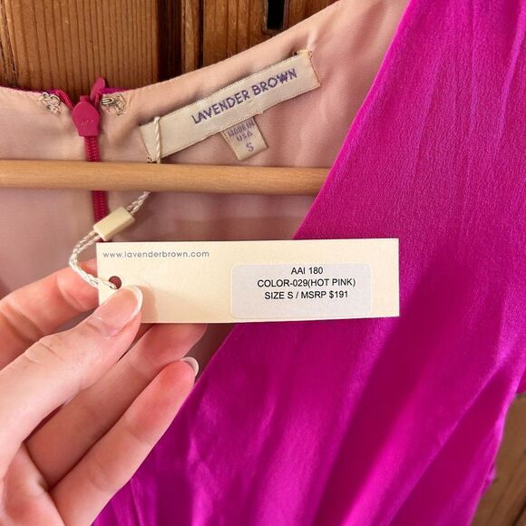 NWT Lavender Brown Small Hot Pink Dress Fuschia V-Neck Fit and Flare Silk Barbie - Picture 4 of 8